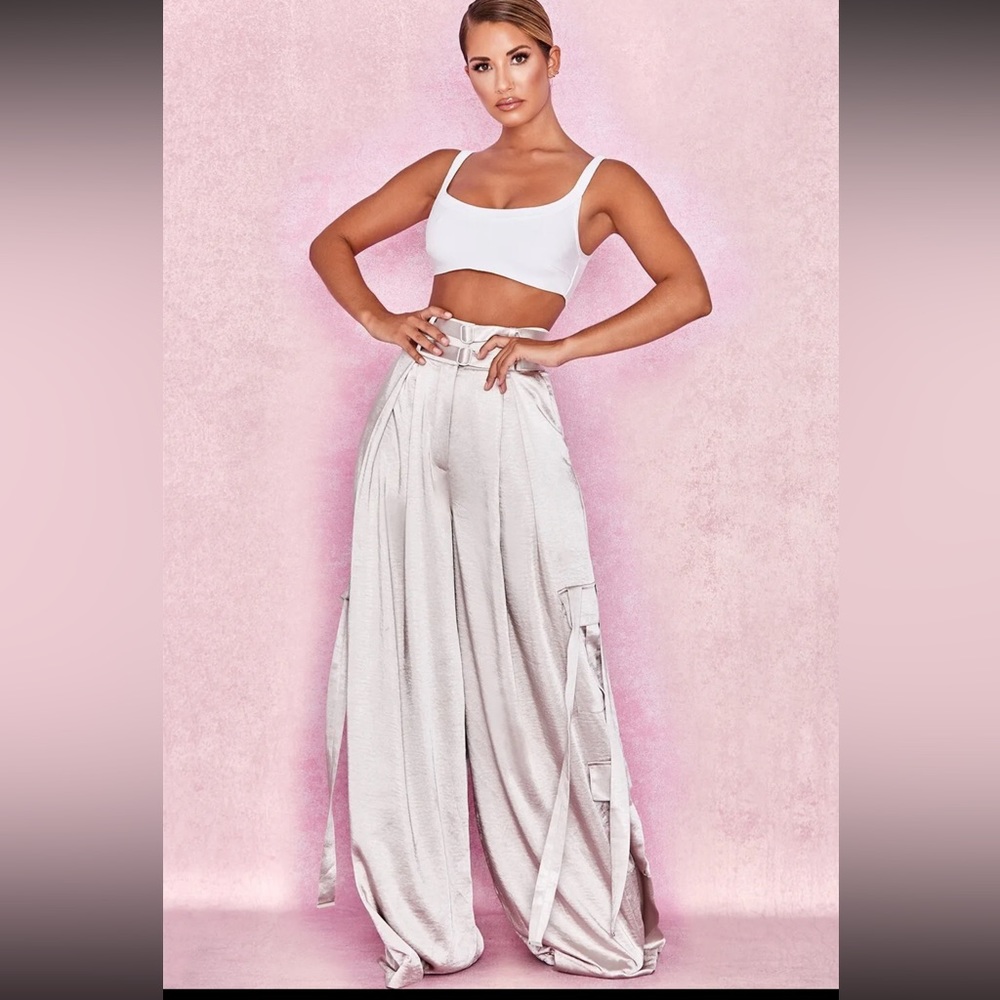 HOUSE OF CB 'Chaya' Champagne Satin Wide Leg Utility Trousers/Size L US 8-10/PC